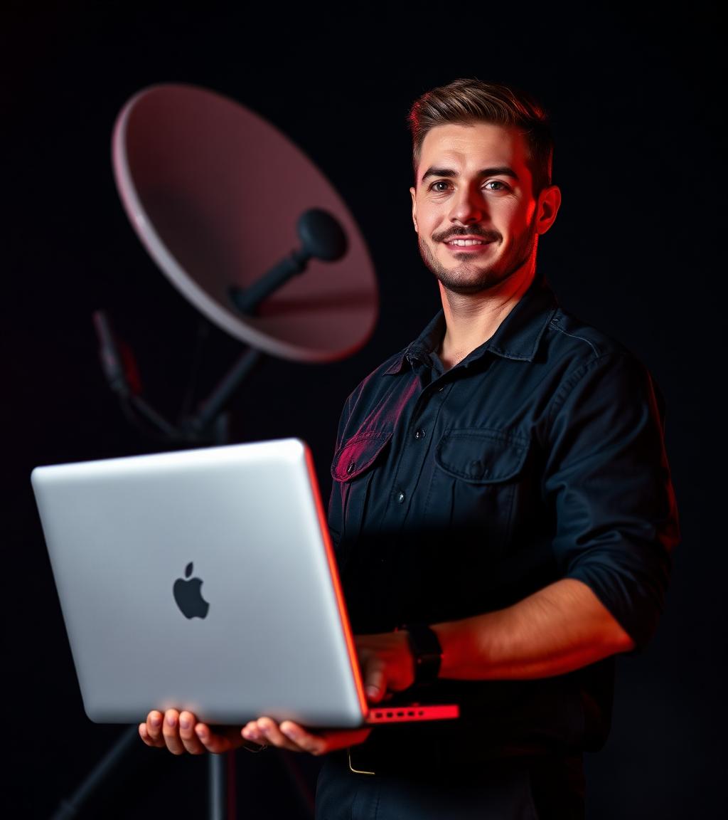 Technicien installateur Canal+ avec antenne satellite